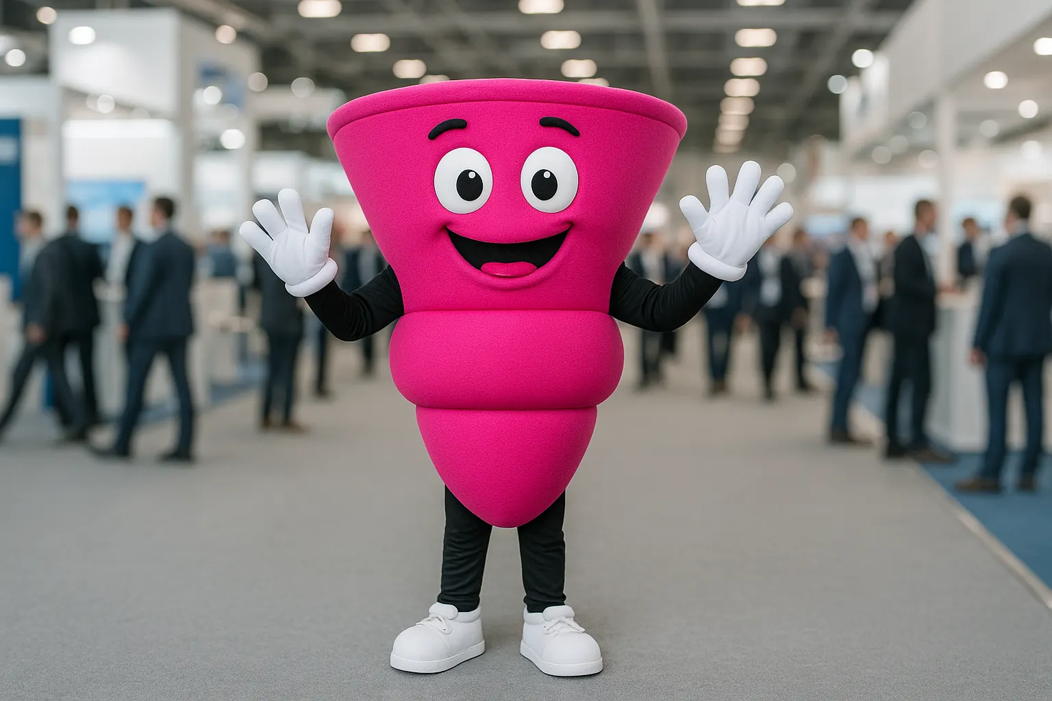 KI-Visualisierung eines Messe-Maskottchens als pinker Vertriebstrichter, Konzeptbeispiel